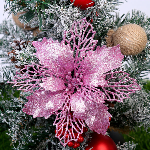 12 Pcs Glitter Artificial Poinsettia Flowers, Christmas Tree Flowers Ornaments Decorative Floral Accessories for Christmas Tree Decorations(Pink)