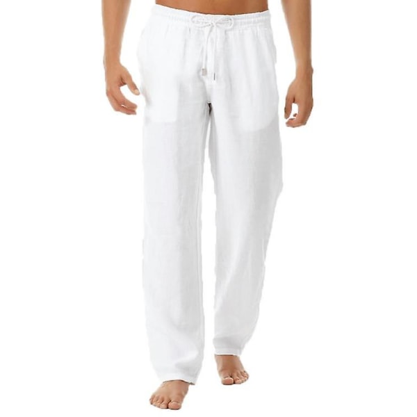 Mens Cotton Linen Drawstring Pants CMK white S