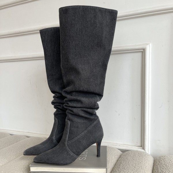【Tricor butik】 Kvinders plisserede højhælede denim-knæhøje støvler Black 37