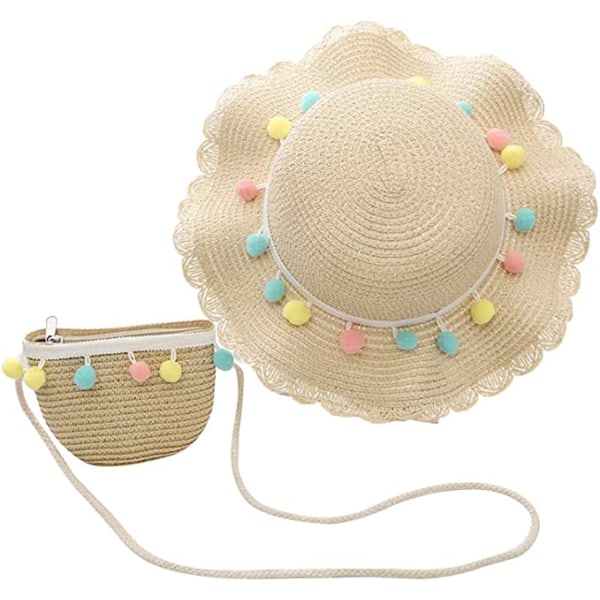 Ruffled Straw Hat Shoulder Bag Set Colour Wool Ball Decoration