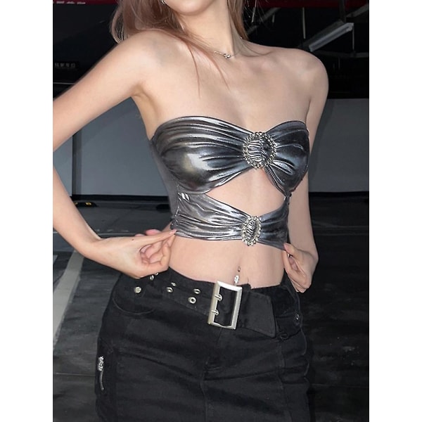 Kvällstoppar för kvinnor ihåligt silverfärgat konstläder Strapless Crop Tops Skinny Sexig Pu Tank Camis Clubwear Kostymer CMK M