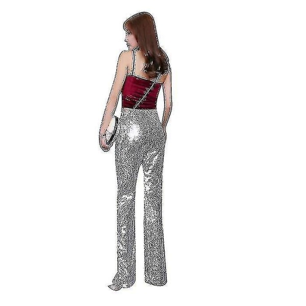 Women's Sparkly Glitter Wide Leg Pants High Waist Trousers CMK silver XL