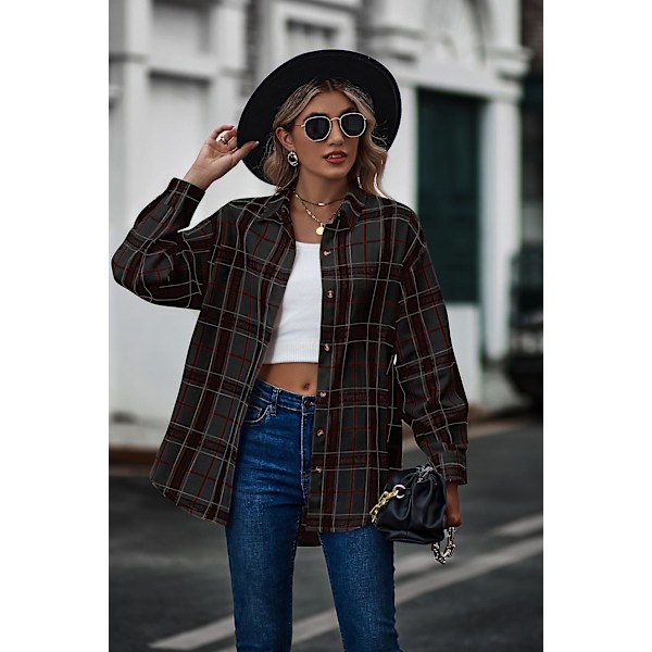 Rutete langermet skjorte dame Button Down ullblanding tynn jakke Casual blusetopper med lomme Black Black M