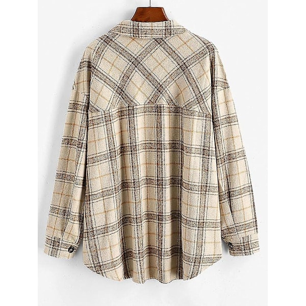 Rutete langermet skjorte dame Button Down ullblanding tynn jakke Casual blusetopper med lomme Coffee Coffee M