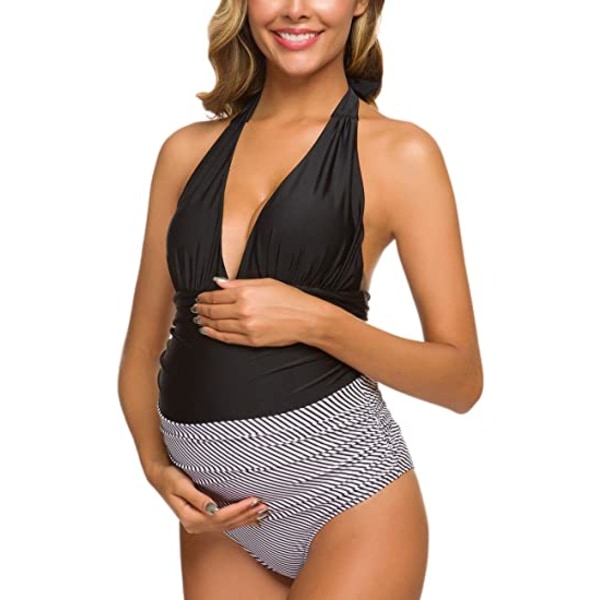 One Piece Graviditetsbadedragter Stripe Halter Badetøj Dyb V-hals Black L