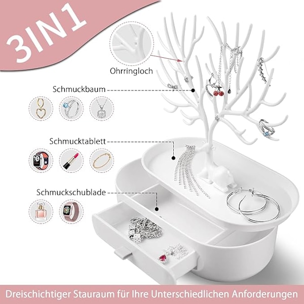 Smyckesträd, smyckesträd i plast med lådor, smyckeshållare för örhängen, halsband, armband, klockor och ringar (vita)