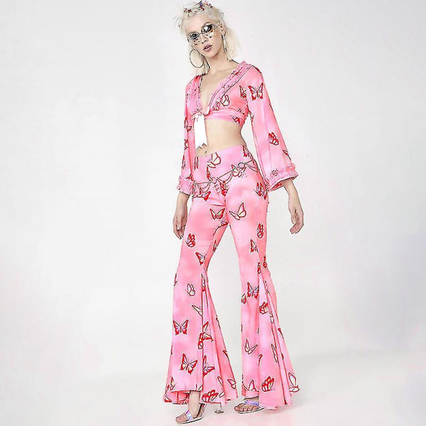 Pink Women Skinny Flared Pants High Waist Butterfly Print Trousers Hippie  Boho Tight Bottoms-1 CMK M 0899, M