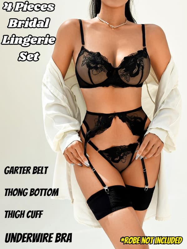 Blommig Broderad, Underwired, T-String, Strumpeband, 4-Delat Lingeri Black Black L