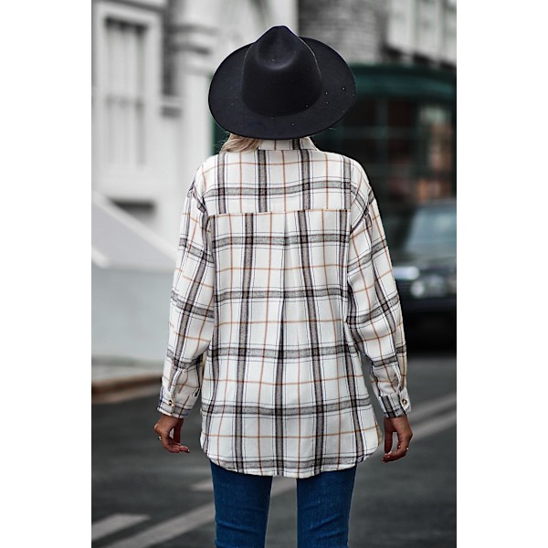 Rutete langermet skjorte dame Button Down ullblanding tynn jakke Casual blusetopper med lomme white white M