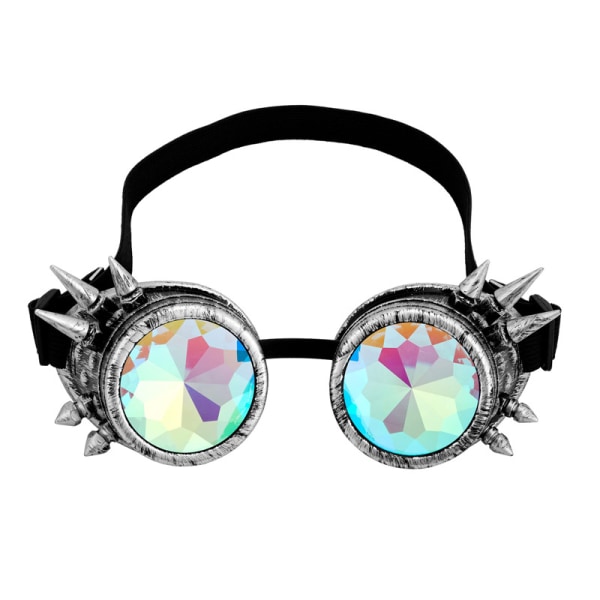 Rainbow Goggles Spiked Kaleidoscope Crystal Linses lasit Silver