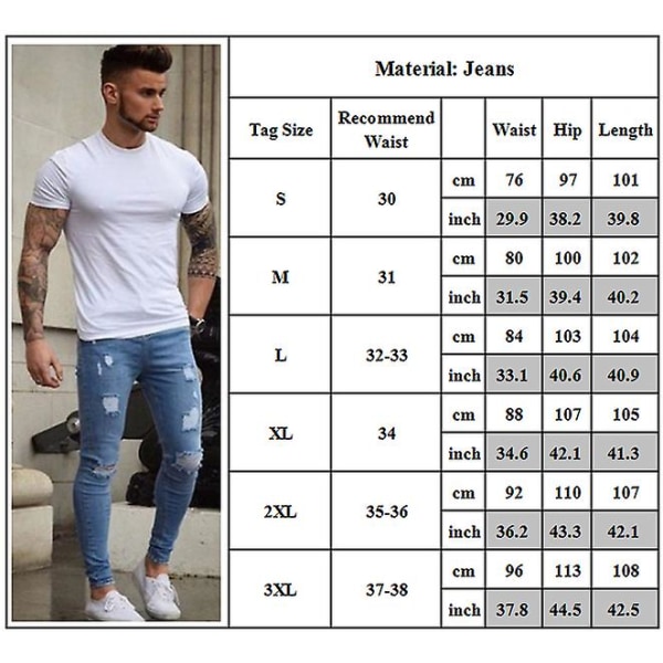 Mens Skinny Ripped Jeans Denim Frayed Distressed Trousers Blue L