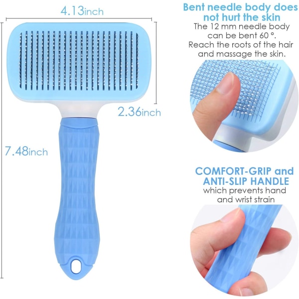 Selvrensende Slicker Brush for Dogs Pet Grooming Tool Fjerner underull Blue