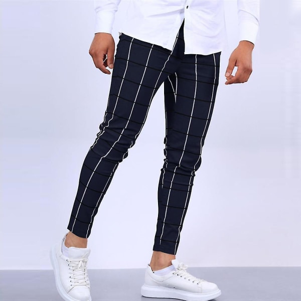 Men's Plaid Casual Chinos Work Pants Slim Fit Skinny Business Formal Trousers Pants CMK Dark Blue M