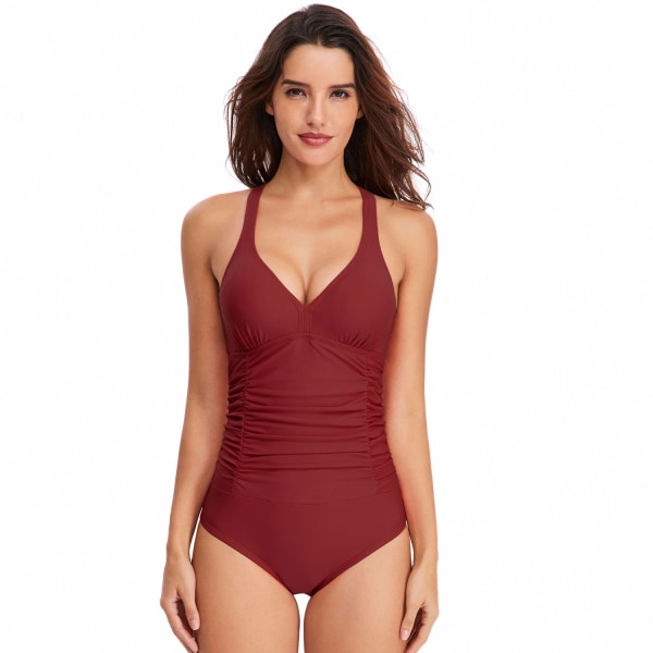 One Piece badedrakter for kvinner Magekontroll badedrakter Plus Size, vinrød Wine Red L