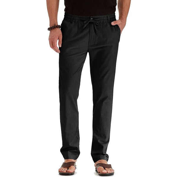 Men's Elastic Waist Drawstring Solid Color Trousers Black 3XL