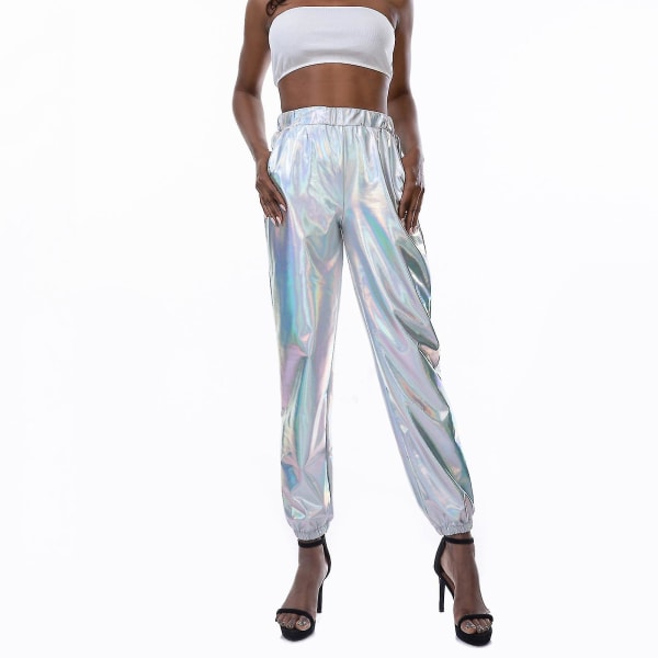 Damemote Holographic Streetwear Club Cool Shiny Causal Pants CMK White XL