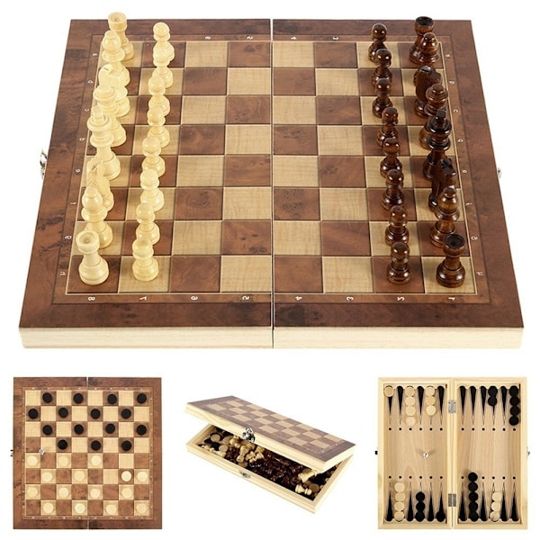 Håndlaget Tre-Sjakksett med Brettbart Sjakkbrett 39*39cm
