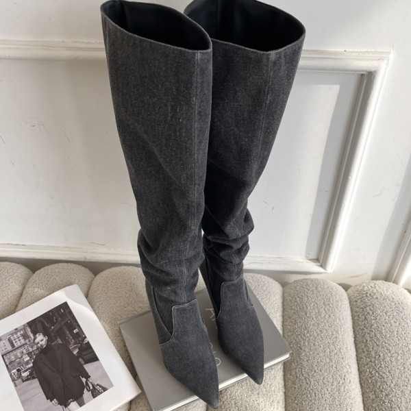 【Tricor butik】 Kvinders plisserede højhælede denim-knæhøje støvler Black 37
