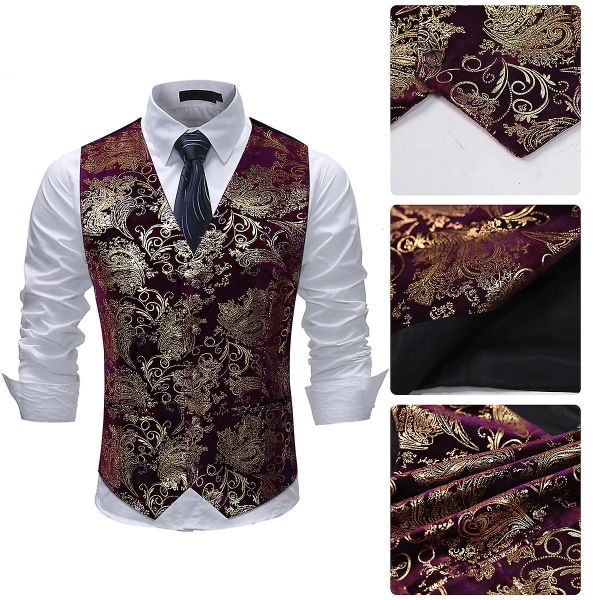 Allthemen Herre V-hals trykt Business Casual Guld Sølv Suit Vest CMK Red Gold 2XL