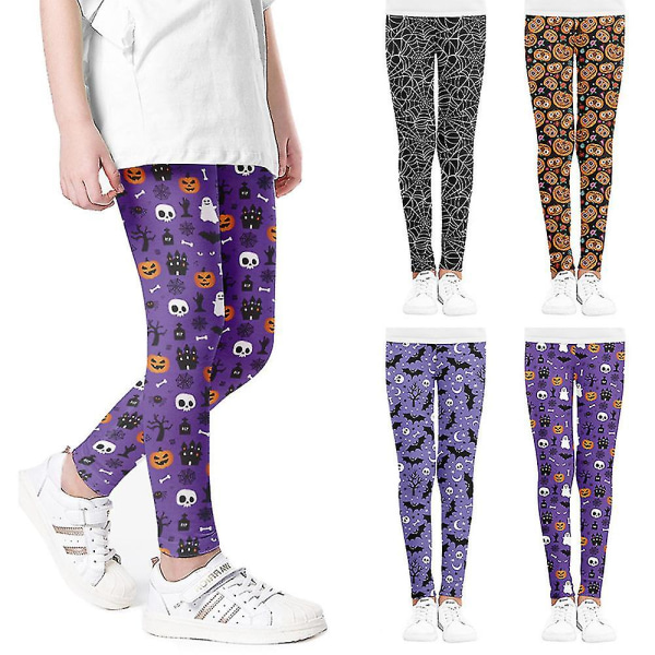 Kids Girls Leggings Halloween Stretchy Ankle Length Printing Tights Pants Trousers 4-9 Years CMK Purple Pumpkin 4-5Years