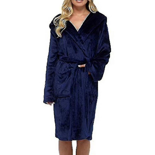 2025 Vinterfleece morgenkåbe Dame morgenkåbe Hætte Fluffy Håndklædeplaid Badekåbe Royal Blue Royal Blue S