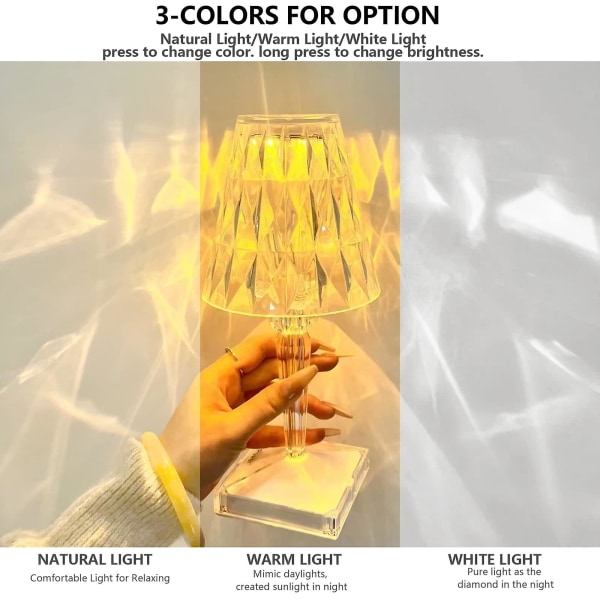 Crystal Touch-lampa Dimbar LED-nattlampa 3 färger Justerbar