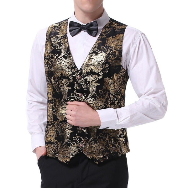 Allthemen Mens V-Neck Printed Business Casual Guld Silver Suit Väst CMK Black Gold S