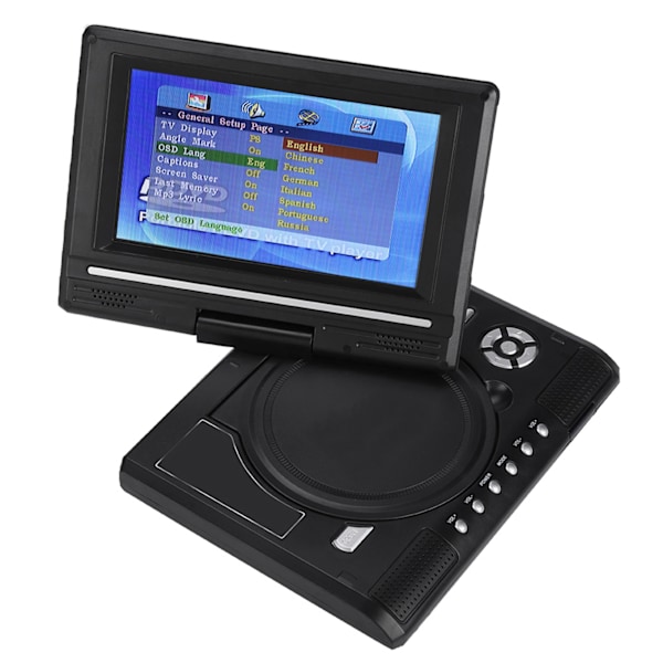 Bærbar DVD-afspiller med 7-tommers drejelig skærm, genopladeligt batteri, TV, Billader, Gamepad - US-stik 100-240V 0.1