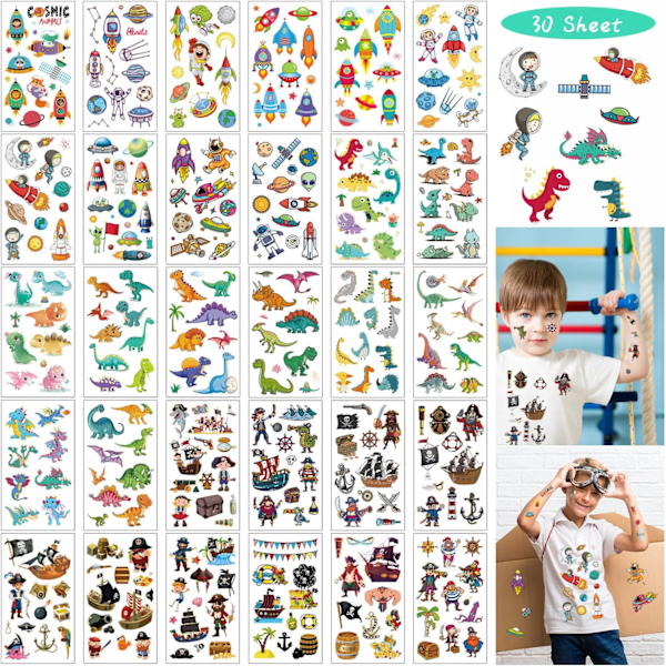 Väliaikaiset tatuoinnit lapsille, 30 arkkia, 390 kuviota, vedenpitävät tarrat juhlapusseihin (dinosaurus, avaruus, merirosvo) Dinosaur + Space + Pirate