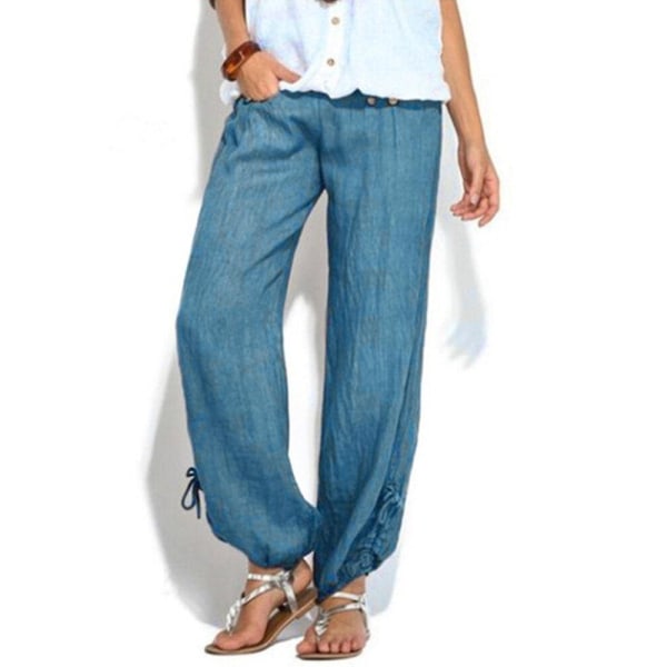 Women Casual High Waist Solid Color Button Yoga Harem Pants CMK Blue XL