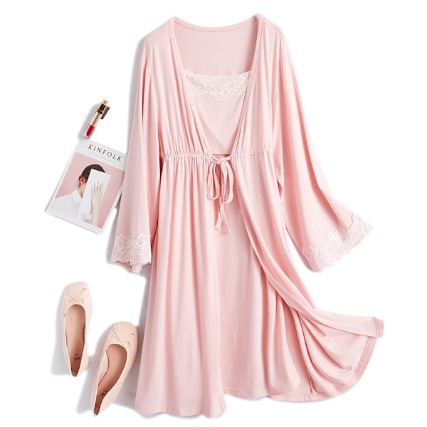 2 st/set Graviditetspyjamas Nattkläder Amning Gravid Kvinna Sjal Amning Nattlinne Maternity Labor Klänning+Robe Förlossning rosa L