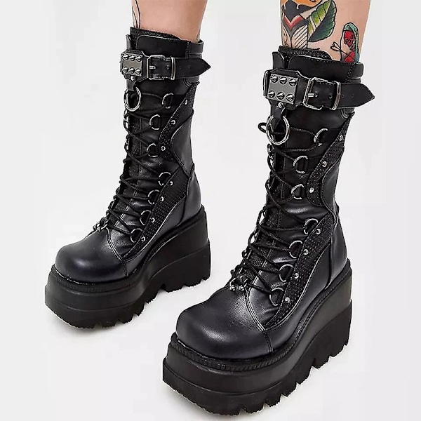 Platformstøvler damer Spænderem Punk Goth Støvle Dame Gotiske Snøresko Sz Sort Black EU 39