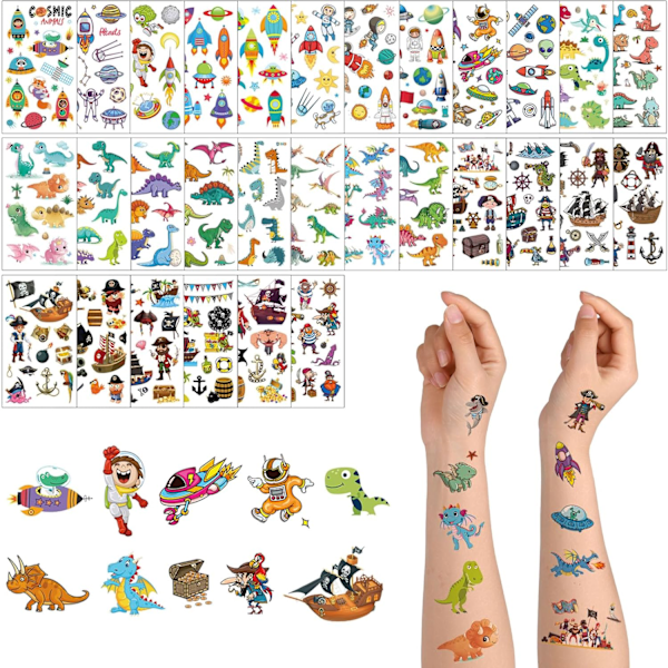 Väliaikaiset tatuoinnit lapsille, 30 arkkia, 390 kuviota, vedenpitävät tarrat juhlapusseihin (dinosaurus, avaruus, merirosvo) Dinosaur + Space + Pirate