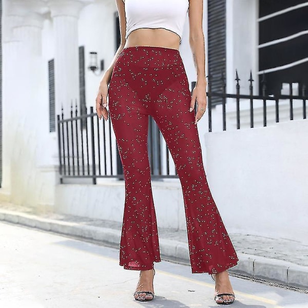 Women's High Waist Casual Flared Trousers Red Wine L