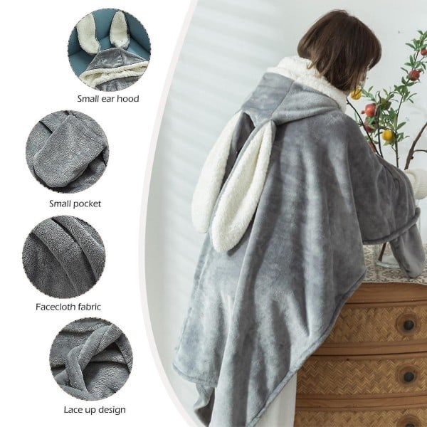 Søde kaninører Bærbar fleece Tæppe Tyk kastefleece Hætte Poncho Wrap med handsker Hjemme Pige Hættetrøje