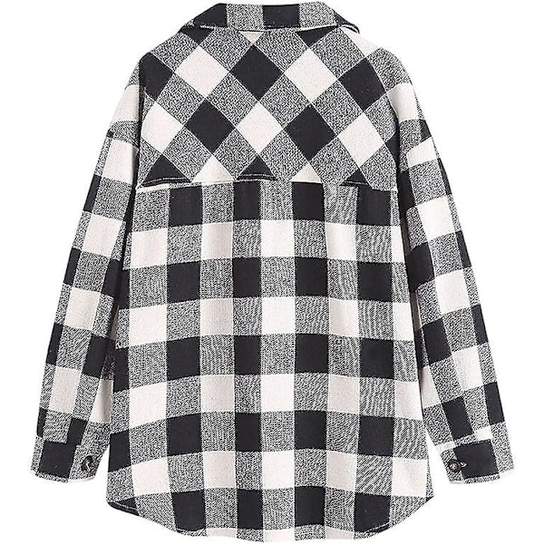 Rutete langermet skjorte dame Button Down ullblanding tynn jakke Casual blusetopper med lomme Black and White Black and White M