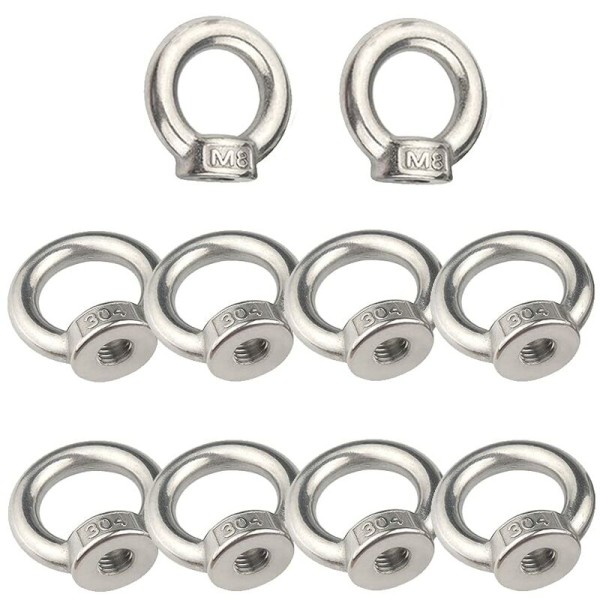 M8 Lifting Eye Nut 10 Pieces 304 Stainless Steel Eye Nut Silver Female Ring Nut Fastener Threaded Nut Lifting Ring Eye Bolt for Lifting Accessories