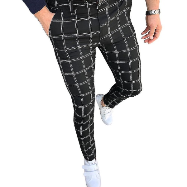 Men Check Plaid Chino Work Pants Casual Business Formal Skinny Slim Fit Smart Trousers CMK Black S