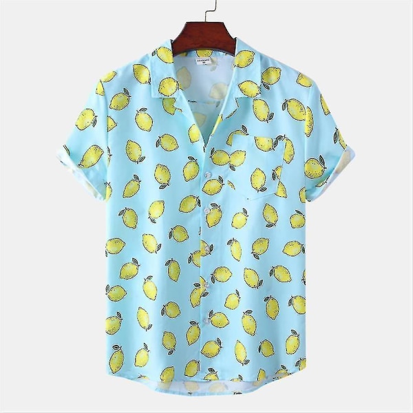 Men Short Sleeve Shirts Casual Aloha Beach Lemon Printed T Shirt Baggy Top CMK