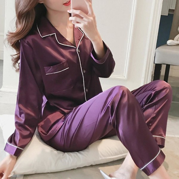 Naisten Satin Silk Look yöpuvut Pyjamat pitkähihaiset yöasusetti K Purple 3XL