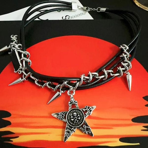 Punk Star Pendant Necklaces Rivets Leathers Rope Choker Necklaces Jewelry CMK