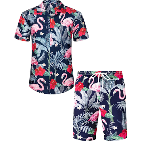 Miesten Havaiji-paita ja shortsit setti Regular Fit lyhythihainen rento funky ranta flamingo paita setti XX XXL Navy Flamingo Leaf