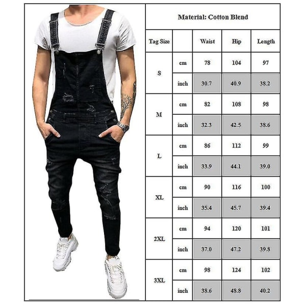 Herre Denim Rippede Overall Jeans Dungarees Jumpsuits Med Lommer CMK Black 3XL
