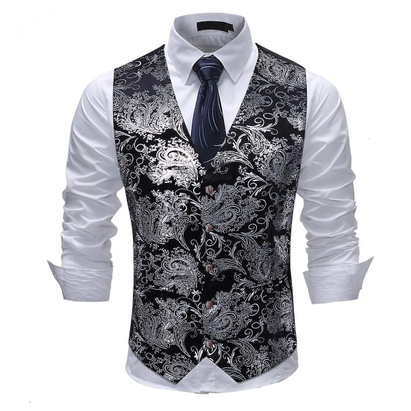 Allthemen Herre V-hals trykt Business Casual Gull Sølv Suit Vest CMK Black Silver XL
