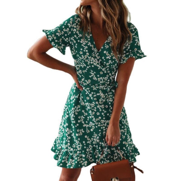 Chiffon Short Sleeve V Neck Ruffle Skirt Dress S