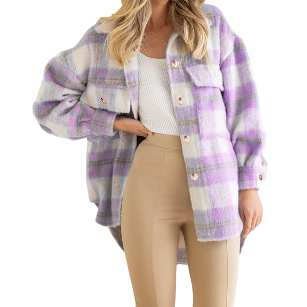 Vinter Ullkåpe Casual Rutete Flanell Shacket Jakke Oversized Knapp Ned Langermet Høst Skjorte Jakke Kåpe Topper Jakke Kvinner PURPLE PURPLE XL
