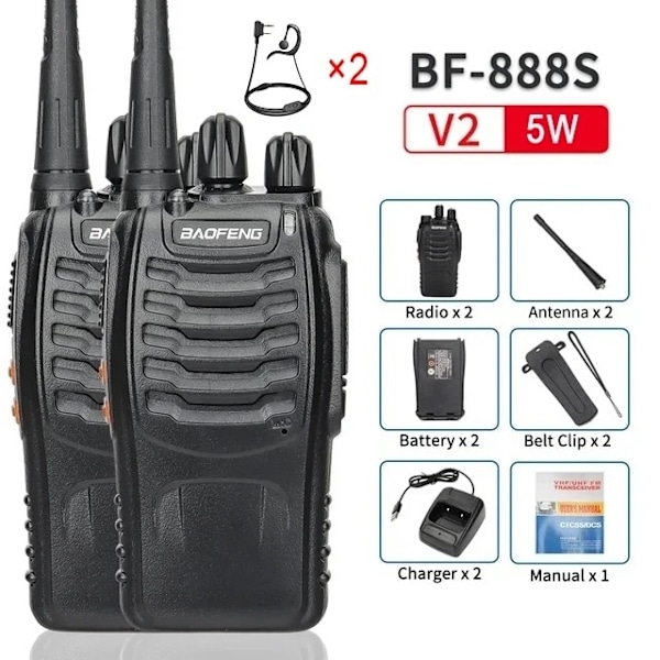 2 kpl BaoFeng BF 888 S V2 UHF Kaksisuuntainen radio / Radiopuhelin Sisäänrakennettu LED-taskulamppu Black Svart