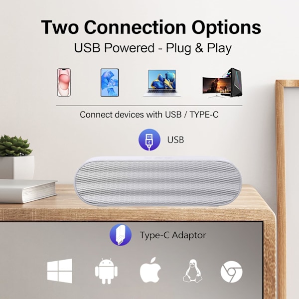 Datorhögtalare, USB Bärbar Datorhögtalare, Mini Ljudfält med 3D Surround Stereo för Laptop, PC, Bärbar dator, Skrivbord - Plug and Play (Vit) White