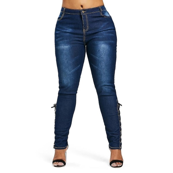 Snørebånd Skinny Højtaljet pasform Stretched Blå Damebukser Elegant strop Stonewash Fashion Jeans CMK XL XL