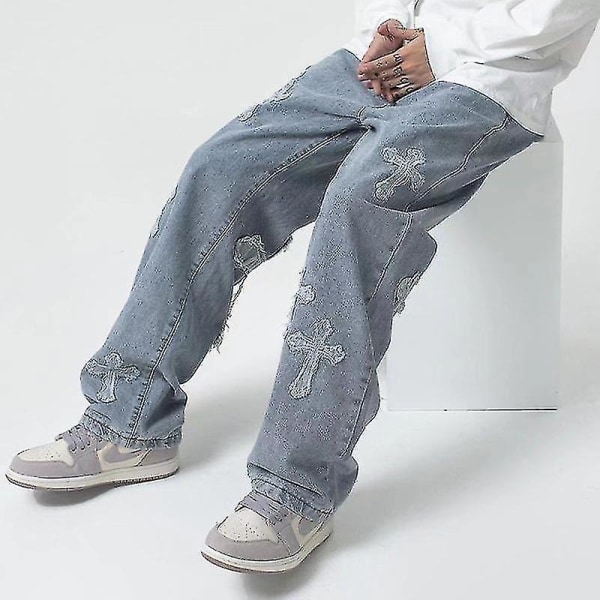 V-Hanver Menn Streetwear Baggy Jeans Bukser Cross Hip Hop Herre Loose Jeans Bukser Dame Oversized Boyfriend Jeans Denim Jeans CMK S